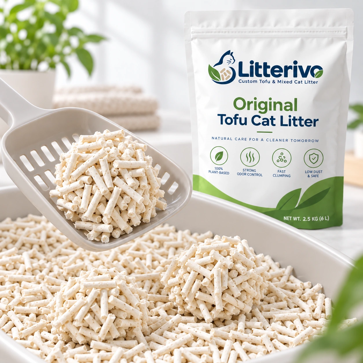 Original Tofu Cat Litter pellets on a scoop beside the product bag