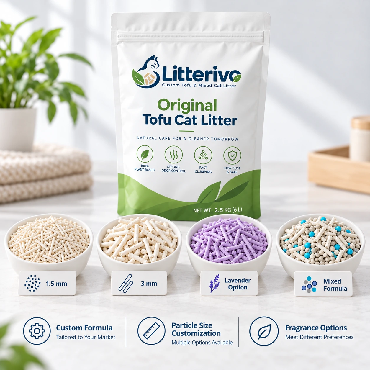 Original Tofu Cat Litter customization display with different pellet styles
