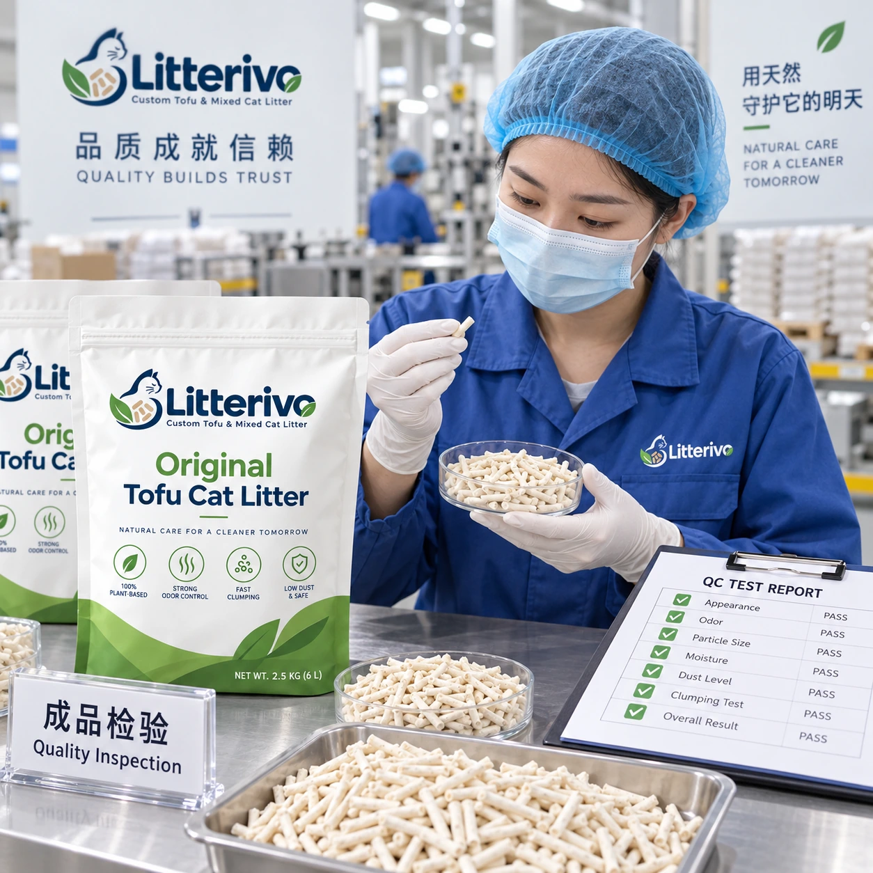 Promotional scene showing a person examining Original Tofu Cat Litter