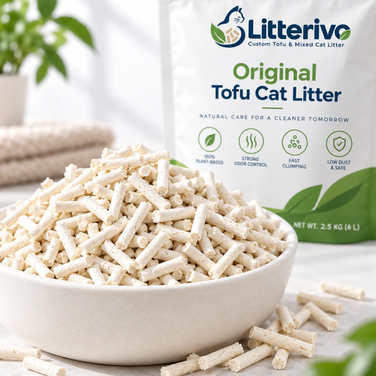 Close-up of Original Tofu Cat Litter pellets beside Litterivo packaging
