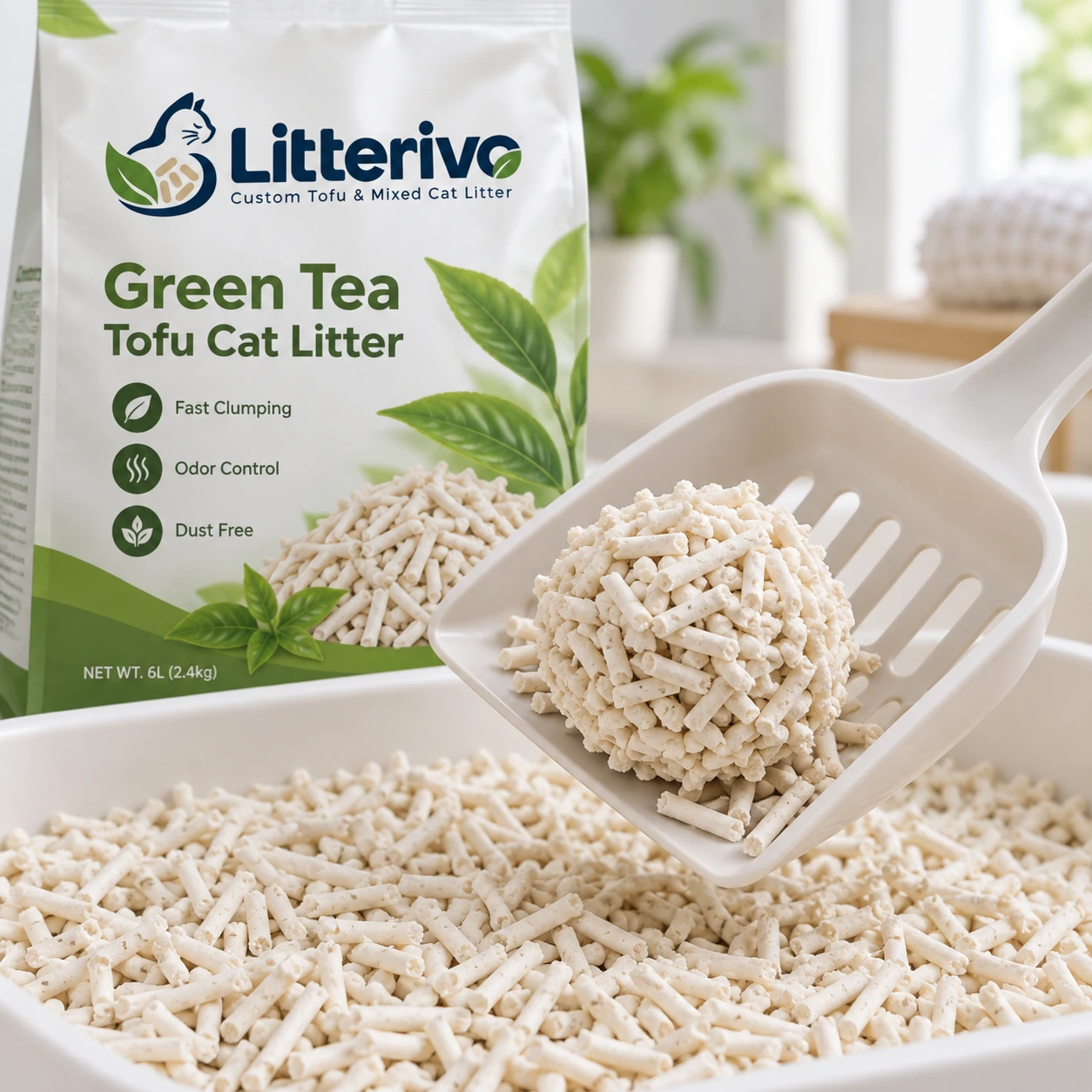 Green Tea Tofu Cat Litter pellets on a scoop beside Litterivo packaging
