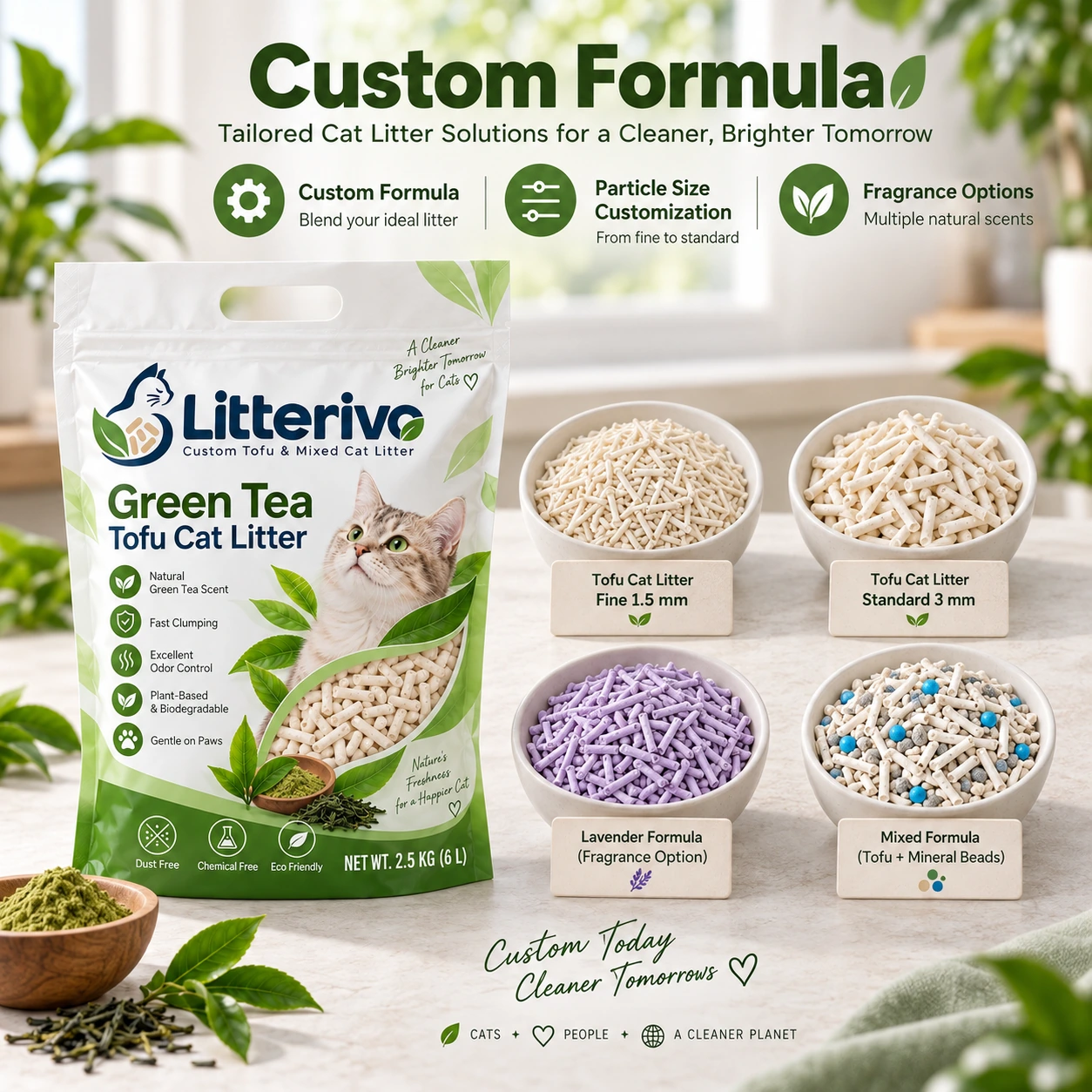 Green Tea Tofu Cat Litter customization display with different pellet styles