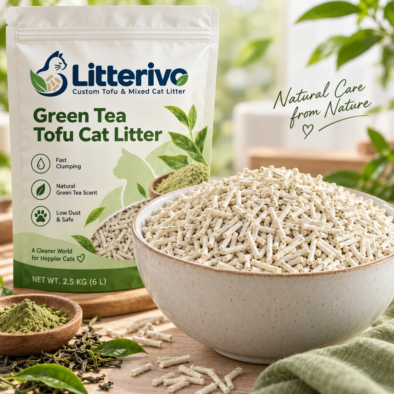 Green Tea Tofu Cat Litter pellets in a bowl beside the product bag