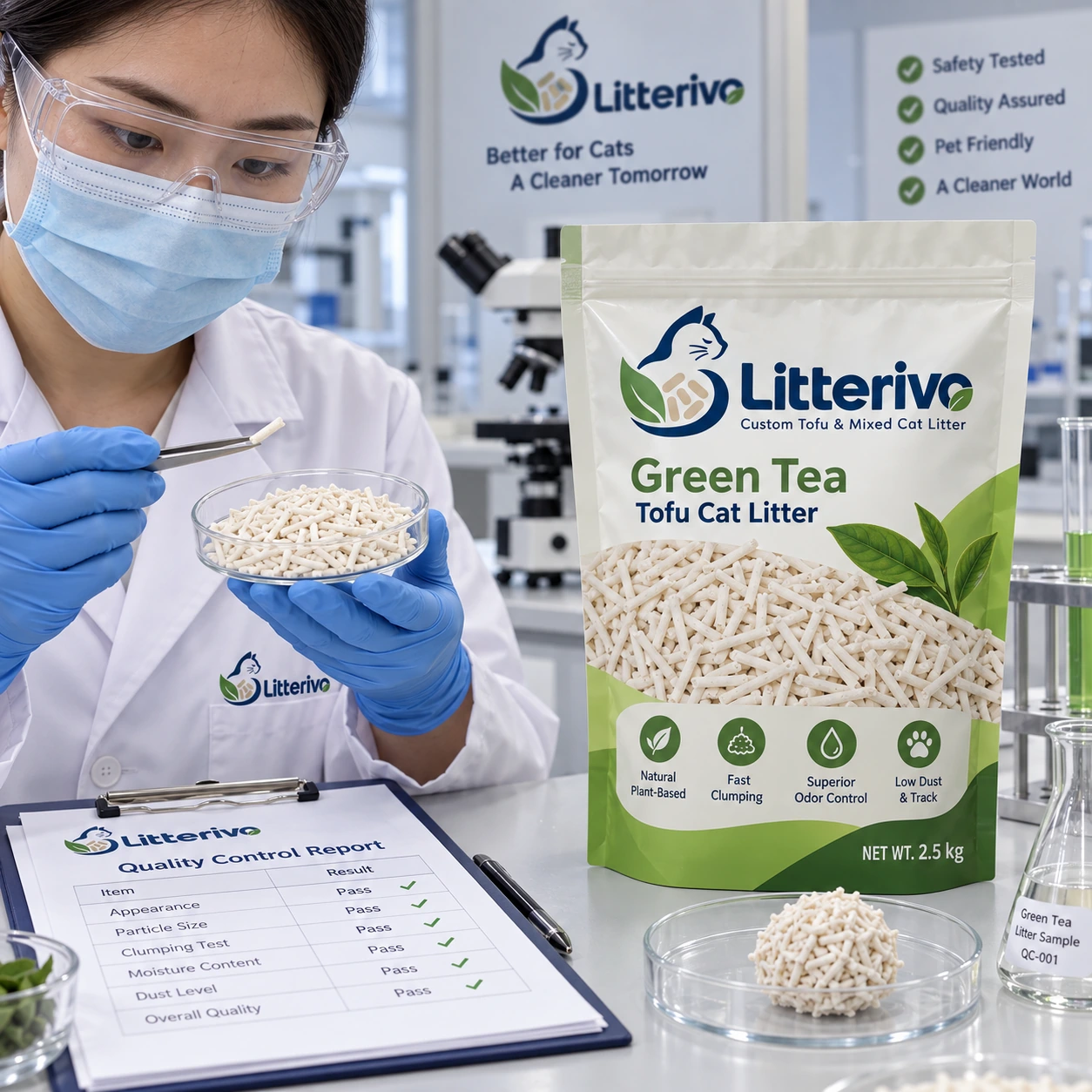 Promotional scene showing a person examining Green Tea Tofu Cat Litter