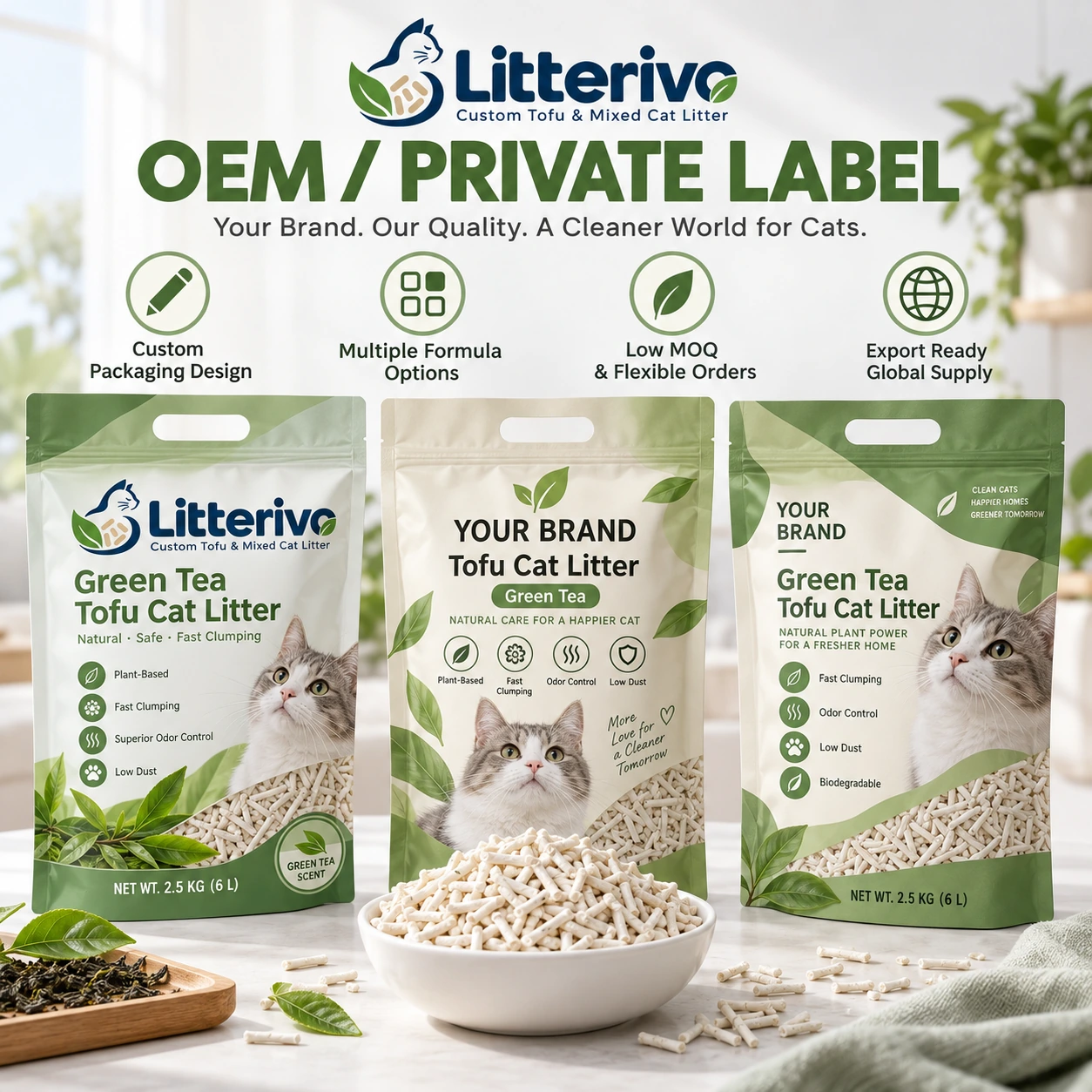 Green Tea Tofu Cat Litter private label packaging design examples