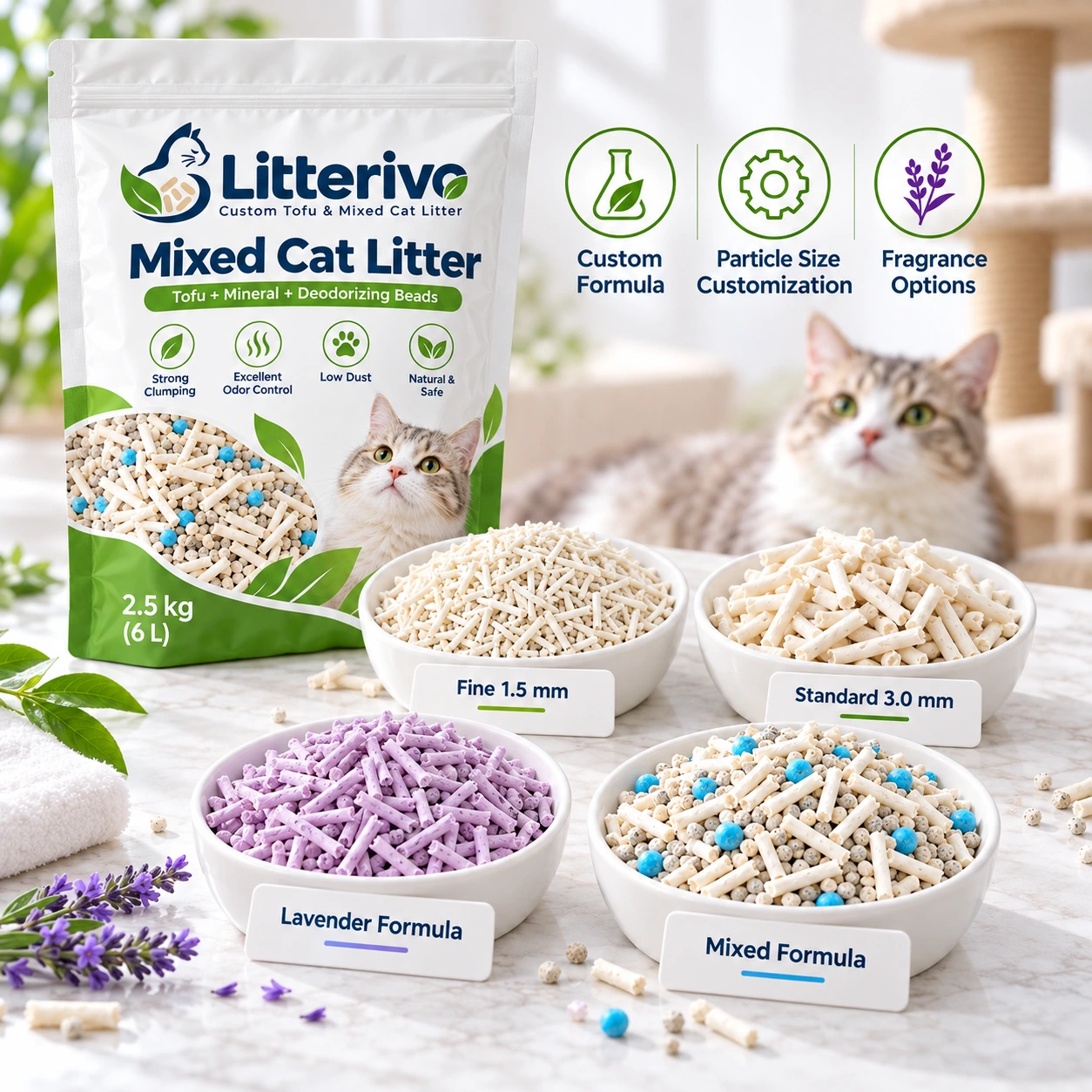Mixed Cat Litter customization display with different pellet styles