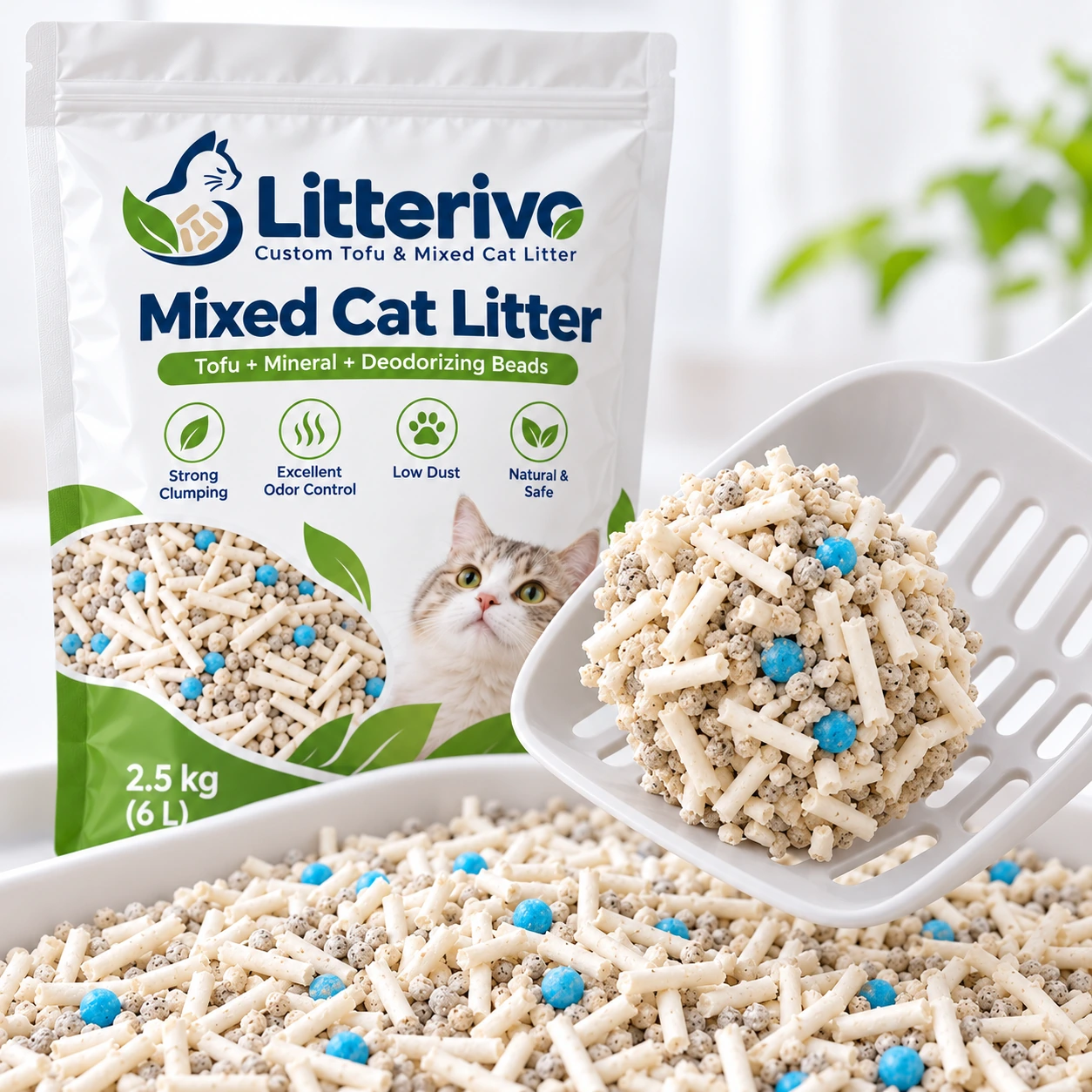 Mixed Cat Litter pellets on a scoop beside the product bag