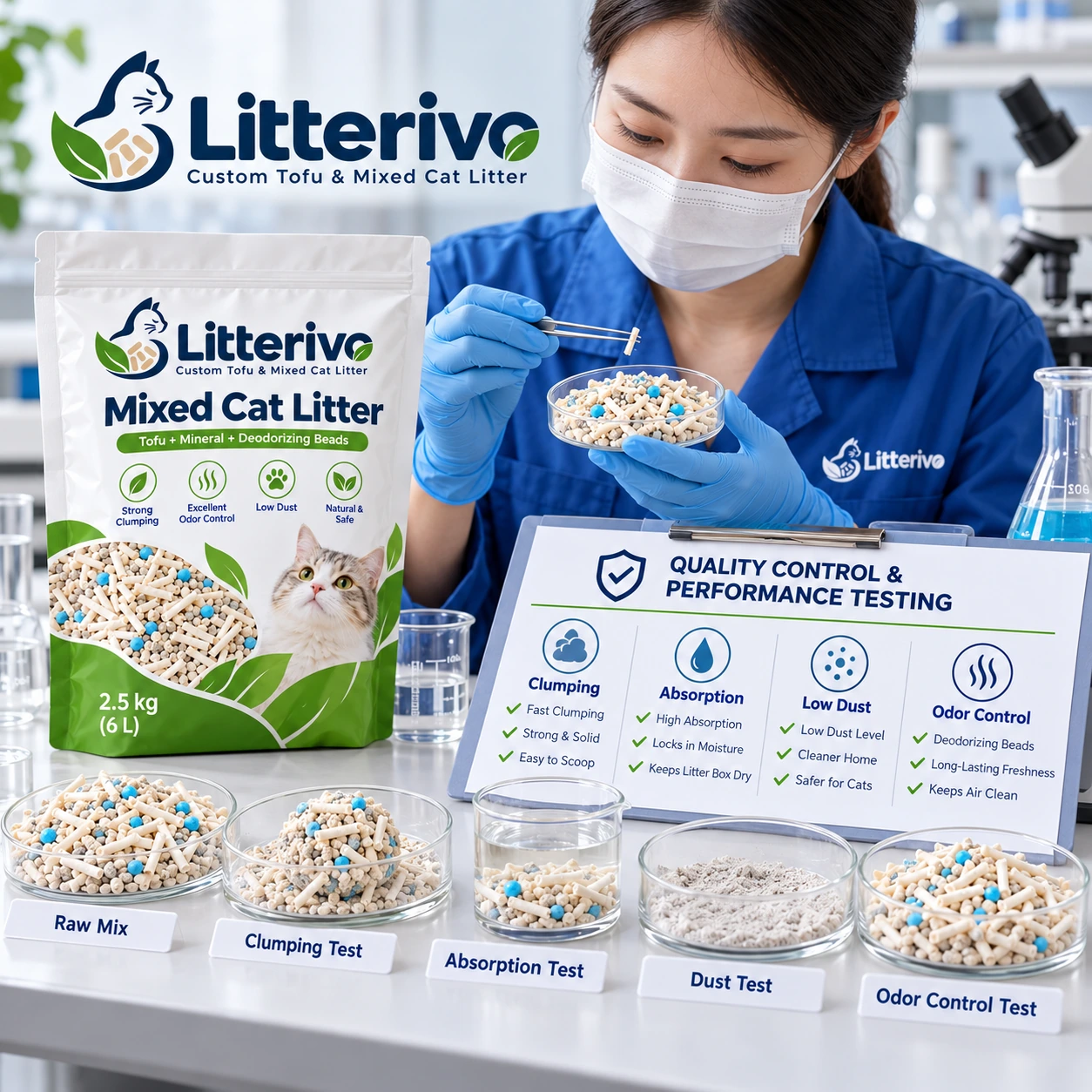 Promotional quality-control scene featuring Litterivo Mixed Cat Litter