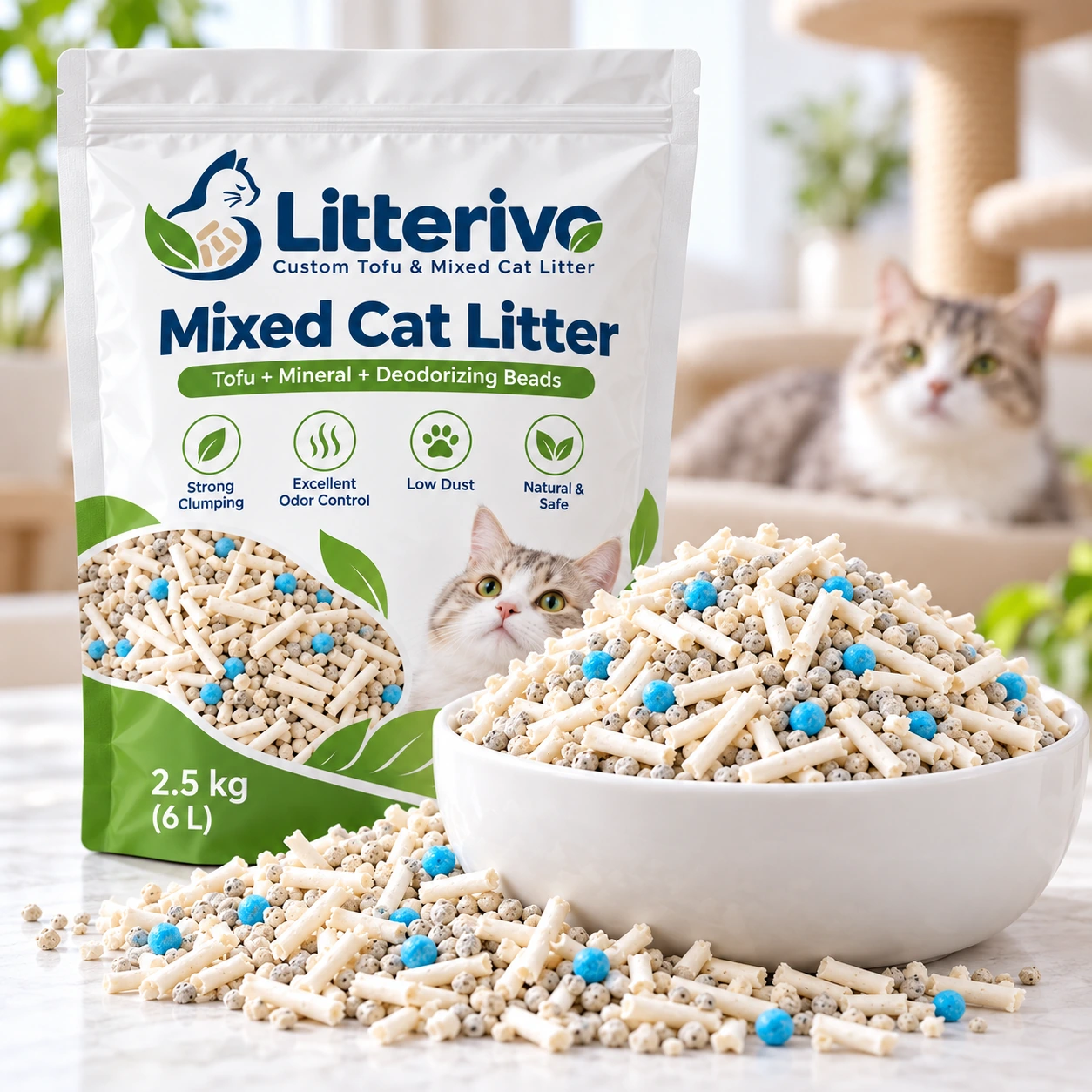 Close-up of Mixed Cat Litter in a bowl beside Litterivo packaging